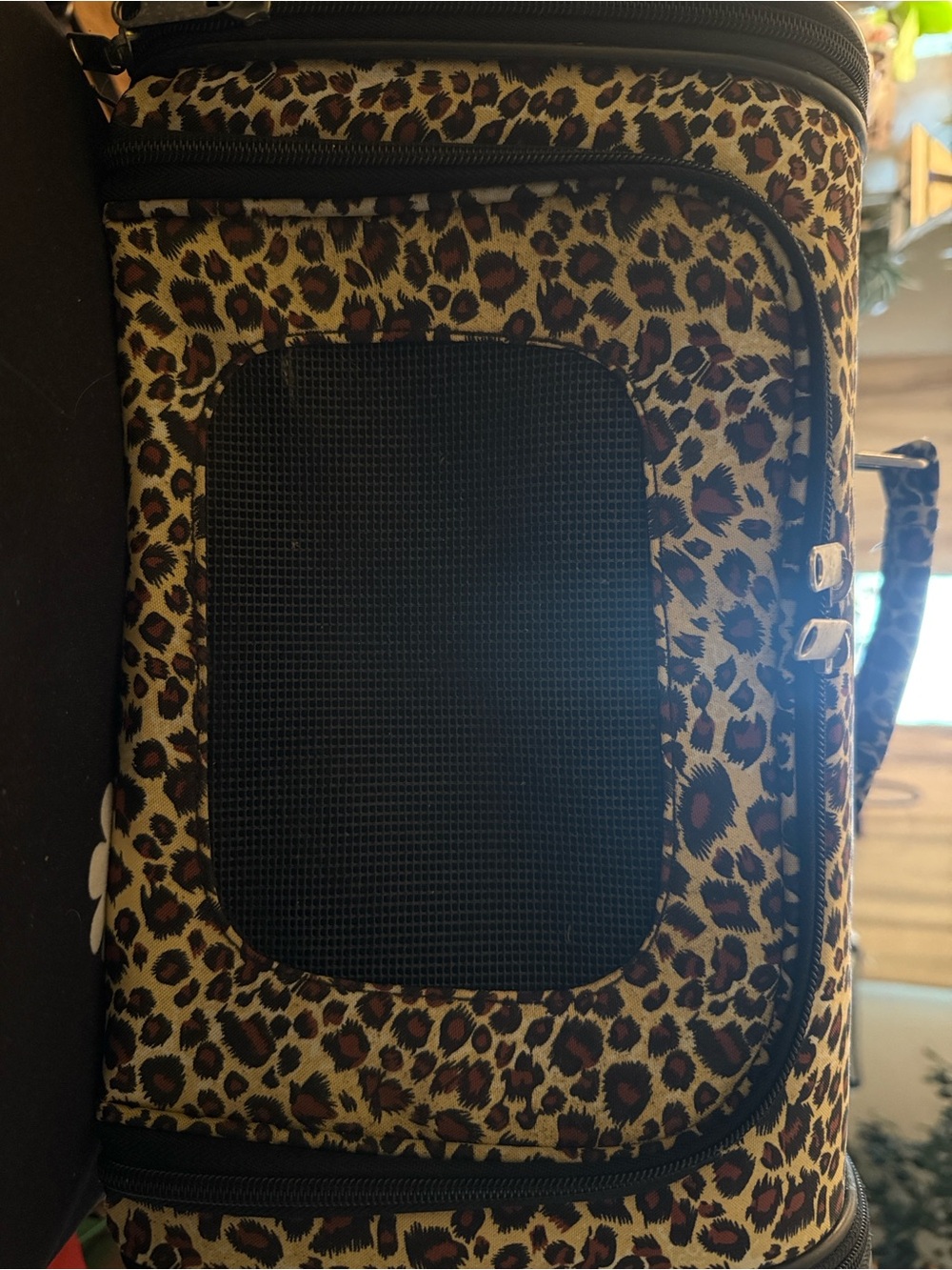 Leopard Print Pet Carrier— Black with Red Accent